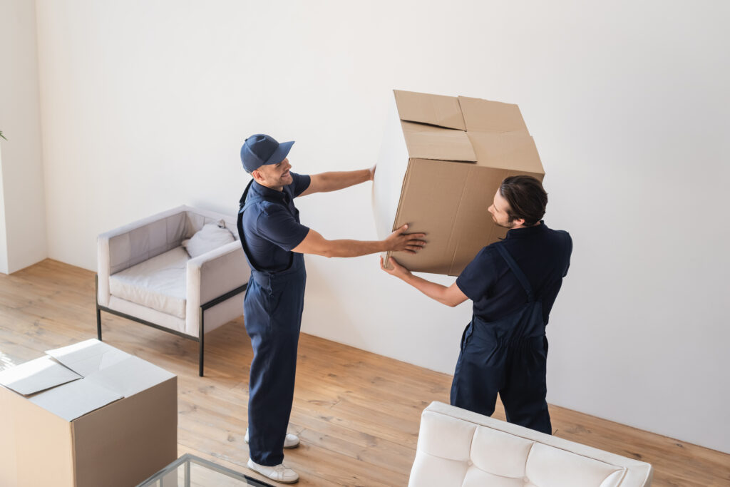 handymen in uniform carrying cardboard box in living room